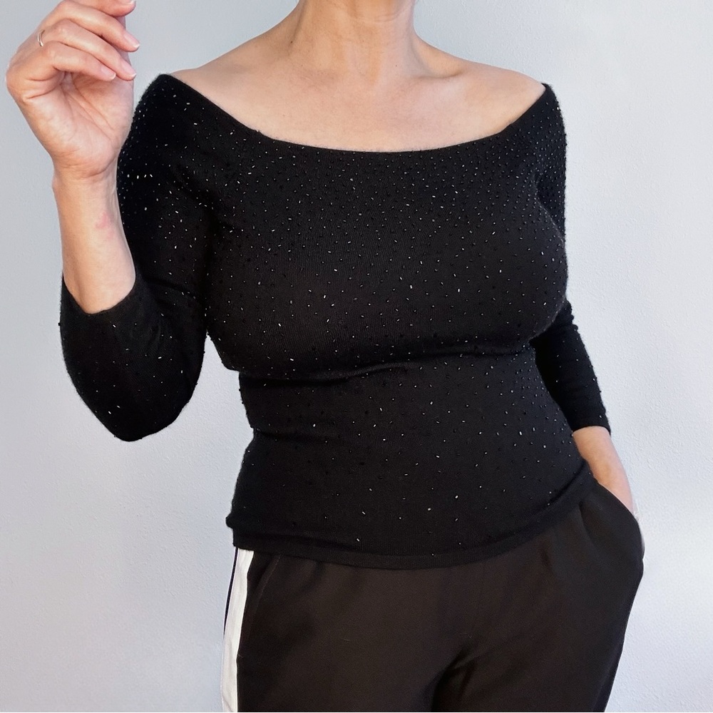 Vintage Heidi Weisel Cashmere and Bugle Bead  Off the Shoulder Sweater
